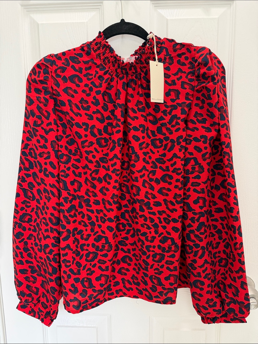 Red Leopard Print Smocked Neck Blouse - Women